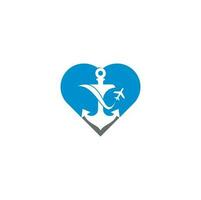 Anchor and airplane heart shape concept logo design template. Anchor and airplane symbol or icon. Unique travel and flight logotype design template. vector