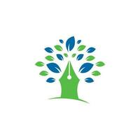 plantilla de diseño de logotipo de árbol de pluma. logotipo de la comunidad educativa y de escritores. diseño de logotipo de empresa creativa de hoja de árbol de pluma vector