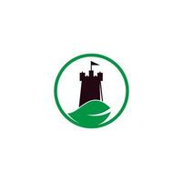 combinación de logo de castillo y hoja. torre y eco símbolo o icono. vector de concepto de diseños de logotipo de castillo de naturaleza