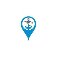 Anchor and airplane map pin shape concept logo design template. Anchor and airplane symbol or icon. Unique travel and flight logotype design template. vector