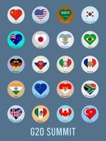 Vector illustration of the flags of the G-20 countries in the form of a logo with hearts. G20, top twenty economies of the world. Financial and economic international forum.