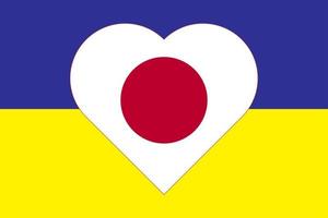 corazón pintado con los colores de la bandera de japón en la bandera de ucrania. ilustración vectorial de un corazón con el símbolo nacional de Japón sobre un fondo azul-amarillo. vector