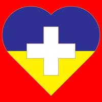 A heart painted in the colors of the flag of Ukraine on the flag of Switzerland. Vector illustration of a blue and yellow heart on the national symbol.