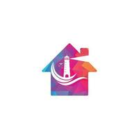 Lighthouse home shape concept vector logo design. Waves Lighthouse icon logo design vector template illustration.