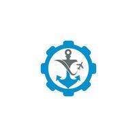 Anchor and airplane gear shape concept logo design template. Anchor and airplane symbol or icon. Unique travel and flight logotype design template. vector