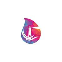 Lighthouse drop shape concept vector logo design. Waves Lighthouse icon logo design vector template illustration.