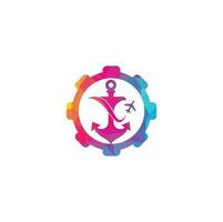 Anchor and airplane gear shape concept logo design template. Anchor and airplane symbol or icon. Unique travel and flight logotype design template. vector