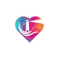 Lighthouse heart shape concept vector logo design. Waves Lighthouse icon logo design vector template illustration.