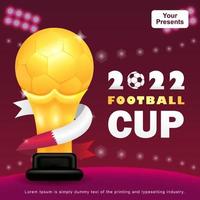 Copa de fútbol 2022, trofeo de balón de oro de ilustración 3d con cinta vector