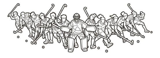 contorno campo hockey deporte equipo hombres y mujeres jugadores acción juntos dibujos animados gráfico vector