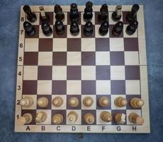 Chess board with figures. Wooden chess. Board games. Location of opponents. Counter strategy. photo