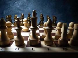 Chess board with figures. Wooden chess. Board games. Location of opponents. Counter strategy. photo