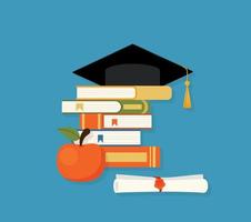 Mortarboard cap on piles of textbooks and diploma scroll vector