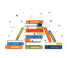 Book stack. Huge pile of books and encyclopedias, education and success concept, university library, academic and school knowledge flat cartoon isolated on green illustration vector