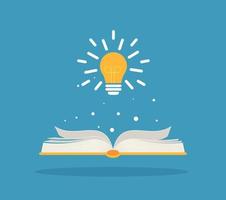 Bright creative idea light bulb over open book, Think idea concept, Flat style vector illustration