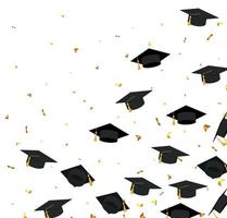 Graduation. Transparent background with realistic flying black degree caps confetti balloons and diplomas. Vector image school and university education banner with gold glitter on white background