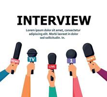 News concept with microphones. Broadcasting, interview and communication vector banner with handa holding microphones. Illustration of microphone for news, broadcasting live news