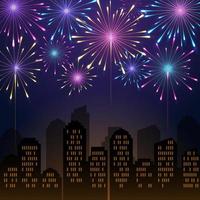 Realistic Fireworks with Buildings Silhouette vector