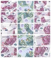 A collage of many images of hundreds of dollars and euro bills lying in a pile photo