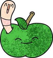 Retro grunge texture cartoon happy worm eating apple vector