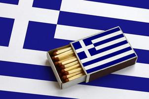 Greece flag is shown in an open matchbox, which is filled with matches and lies on a large flag photo