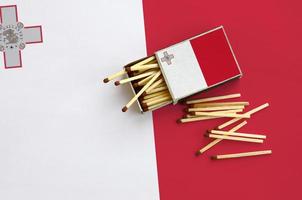 Malta flag is shown on an open matchbox, from which several matches fall and lies on a large flag photo