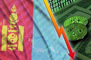 Mongolia flag and cryptocurrency falling trend with two bitcoins on dollar bills and binary code display photo