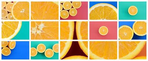 un collage de muchas fotos con jugosas naranjas. conjunto de imágenes con frutas sobre fondos de diferentes colores