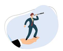 Businessman standing on giant hand looking using telescope. see business opportunities. launch a business. flat design vector illustration