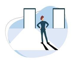 man standing between two open doors. difficult choice. choice between two options vector