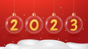 2023 Happy New Year, Golden number in realistic 3d vector Christmas glass ball hanging on ribbon, perfect for Christmas Posters, web banners and etc