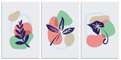 Collection of contemporary art posters in pastel colors. Abstract paper cut geometric elements and strokes, leaves and dots. Great deisgn for social media, postcards, print. vector