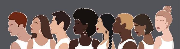 group of diverse people from different ethnic backgrounds are standing together wearing white T-shirts. all people are equal. flat illustration. vector