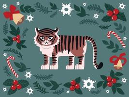 conjunto navideño de elementos lindos dibujados. tigre, copos de nieve, abeto, campanas, piruletas. año del tigre 2022. para tarjetas de navidad, carteles, imanes. ilustración plana vectorial. vector