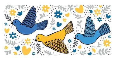 Hand drawn peace doves in blue and yellow colors. Cute illustration for a postcard or poster. vector