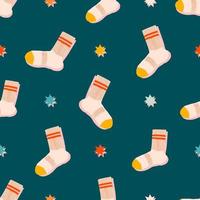 Christmas socks and stars seamless pattern. Hand drawn colorful cartoon socks on a pink background. Trendy flat illustration for print, web, textile, wrapping paper. Modern childish design. vector