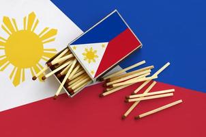 Philippines flag is shown on an open matchbox, from which several matches fall and lies on a large flag photo