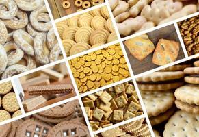 A collage of many pictures with various sweets close-up. A set of images with varieties of biscuits, bagels and candies photo