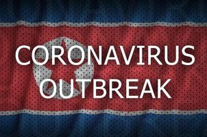 North Korea flag and Coronavirus outbreak inscription. Covid-19 or 2019-nCov virus photo