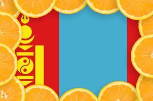 Mongolia flag in fresh citrus fruit slices frame photo