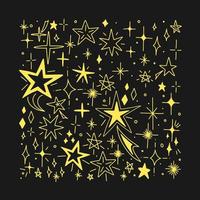 Big vector set of gold hand drawn doodle stars isolated on black background.