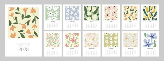 plantilla de calendario floral para 2023. diseño vertical con flores y hojas de colores brillantes. plantilla de página de ilustración editable a4, a3, conjunto de 12 meses con portada. malla vectorial semana comienza el domingo. vector