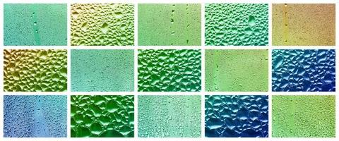 A collage of many different fragments of glass, decorated with rain drops from the condensate. Rainbow colors photo