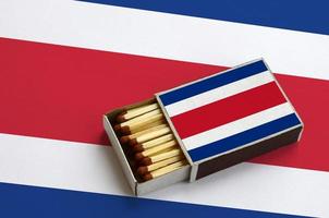 Costa Rica flag is shown in an open matchbox, which is filled with matches and lies on a large flag photo