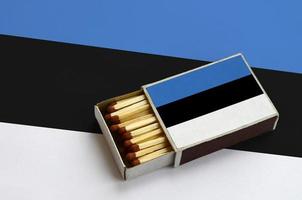 Estonia flag is shown in an open matchbox, which is filled with matches and lies on a large flag photo