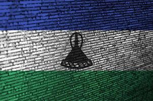 Lesotho flag is depicted on the screen with the program code. The concept of modern technology and site development photo