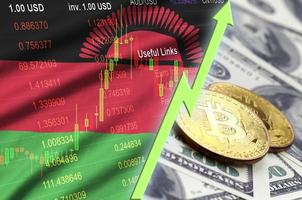 Malawi flag and cryptocurrency growing trend with two bitcoins on dollar bills photo