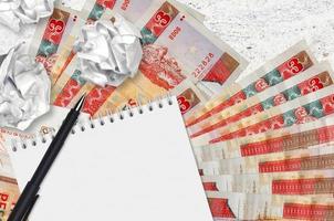 3 cuban pesos convertibles bills and balls of crumpled paper with blank notepad. Bad ideas or less of inspiration concept. Searching ideas for investment photo