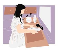 beautiful woman side view washing dishes. lots of cutlery. concept of activity, mother, cleanliness, kitchen, etc. flat vector illustration