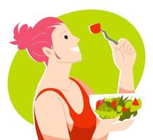 mujer joven comiendo ensalada con un tenedor. sosteniendo ensalada con tazón. concepto de dieta, comida, fruta, verdura, salud. ilustración vectorial plana vector